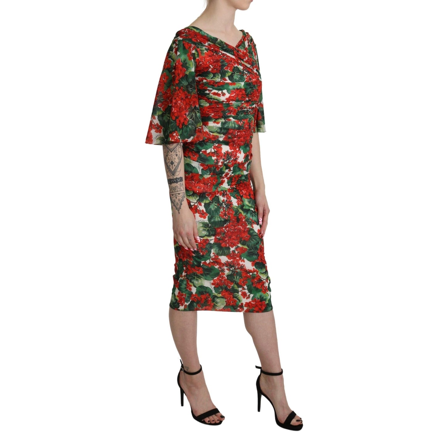 Red Floral Sheath Midi Silk Stretch Dress