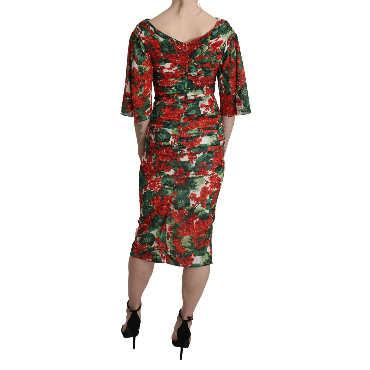 Red Floral Sheath Midi Silk Stretch Dress