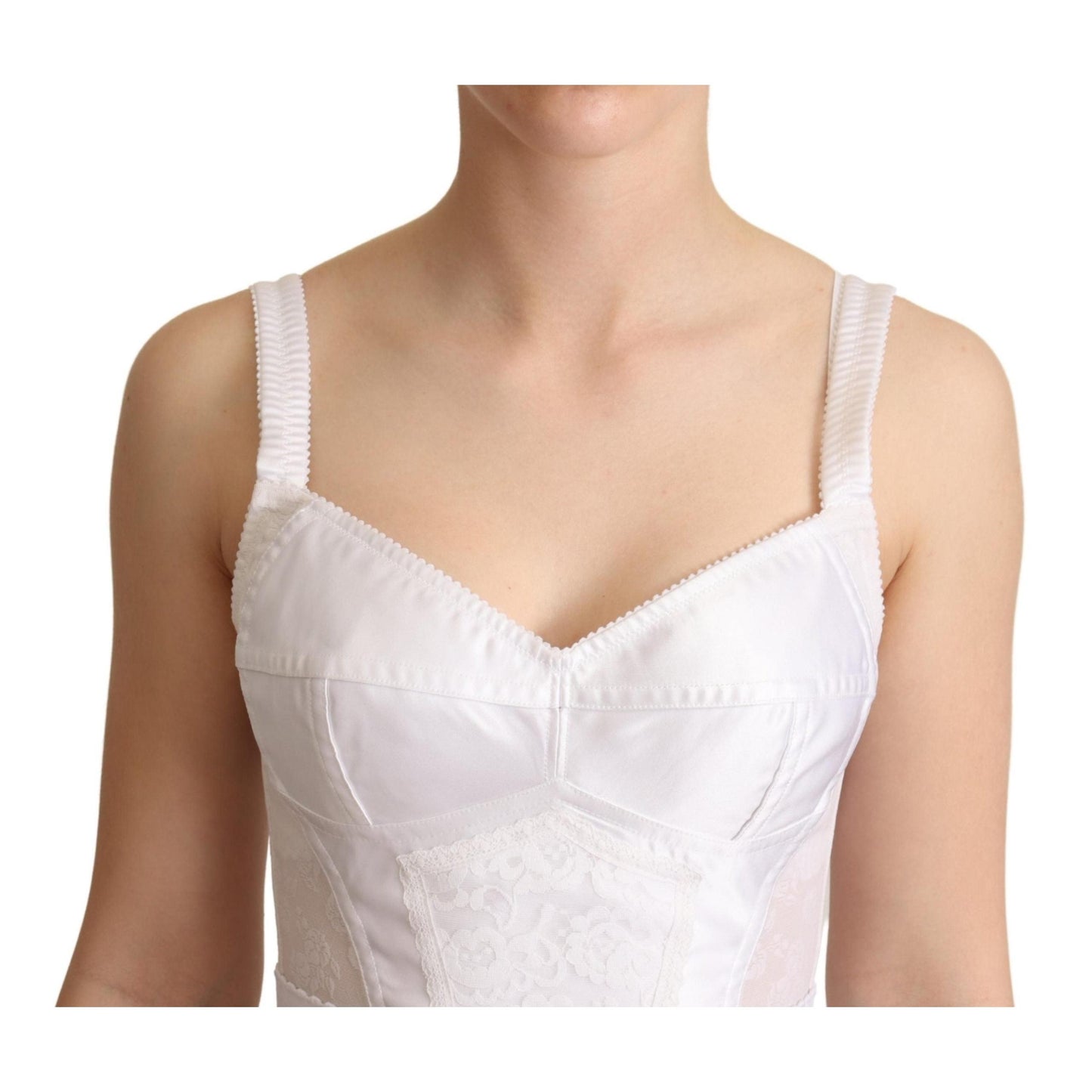 White Nylon Stretch Fitted Lace Trim Dress