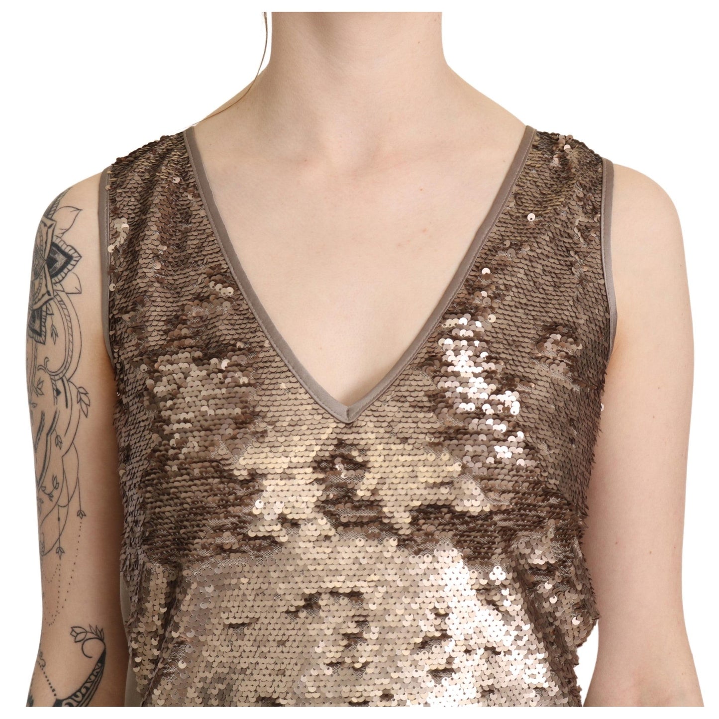 Brown Sequined V-neck Sleeveless Sheath Mini Dress