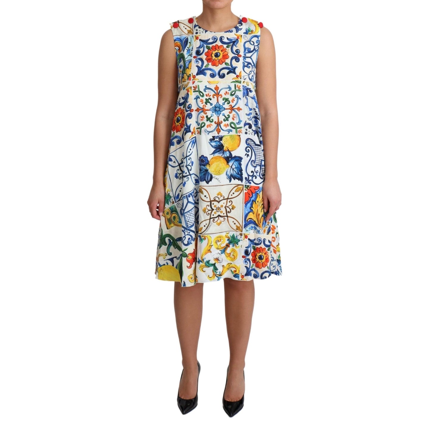 White Majolica Print Sleeveless Dress
