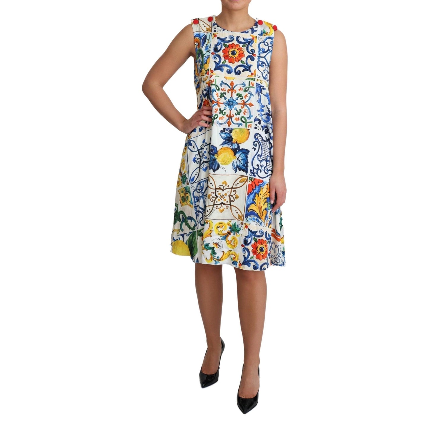 White Majolica Print Sleeveless Dress