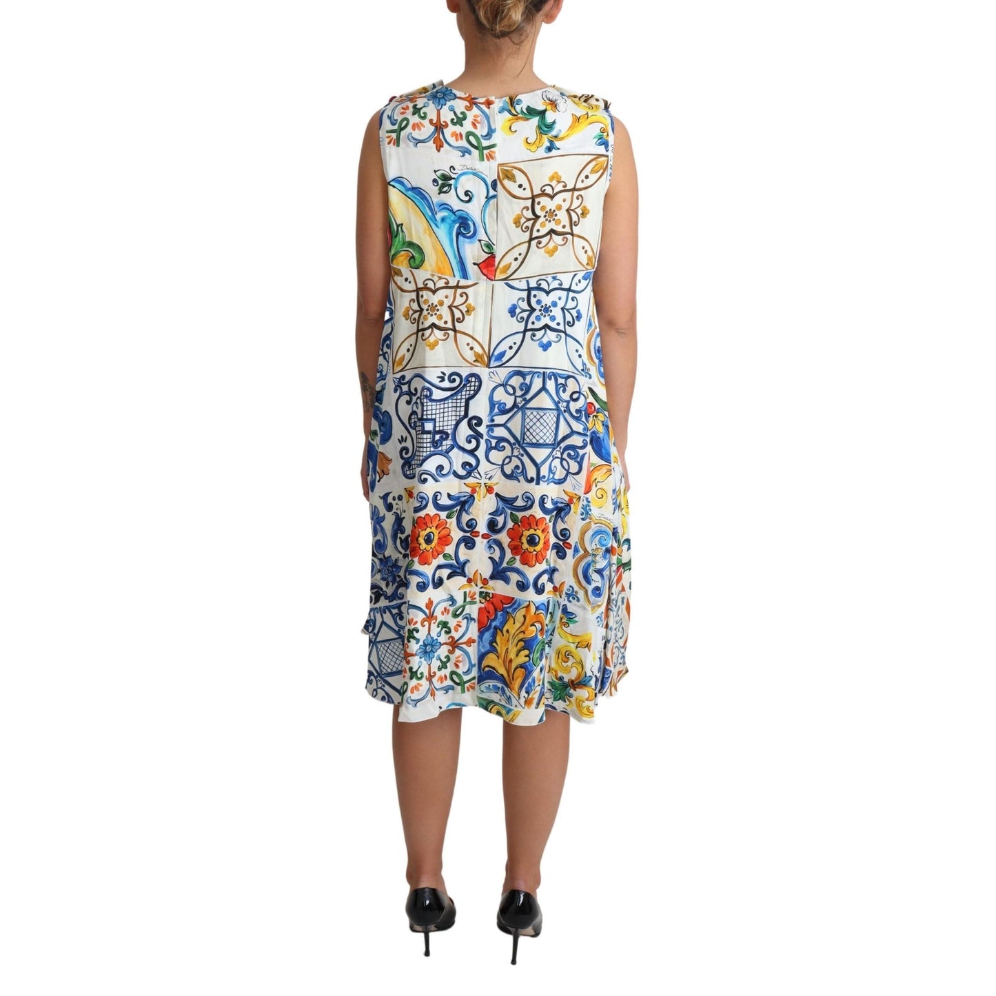 White Majolica Print Sleeveless Dress