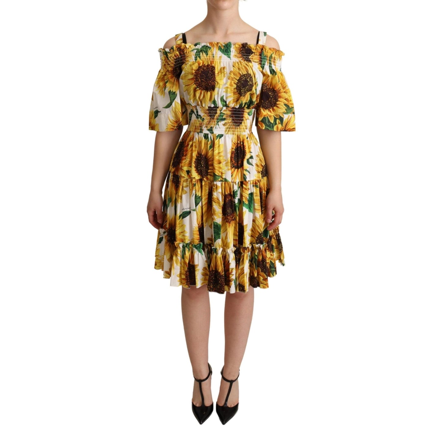 Yellow Sunflowers Print Open Shoulder Dress
