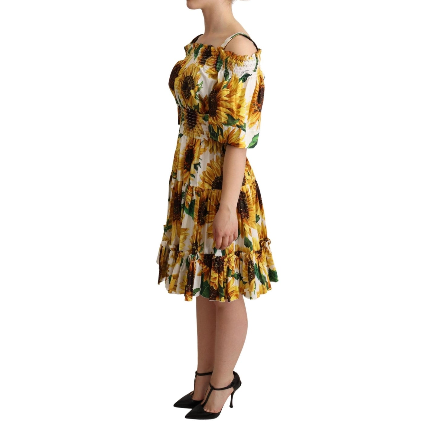 Yellow Sunflowers Print Open Shoulder Dress