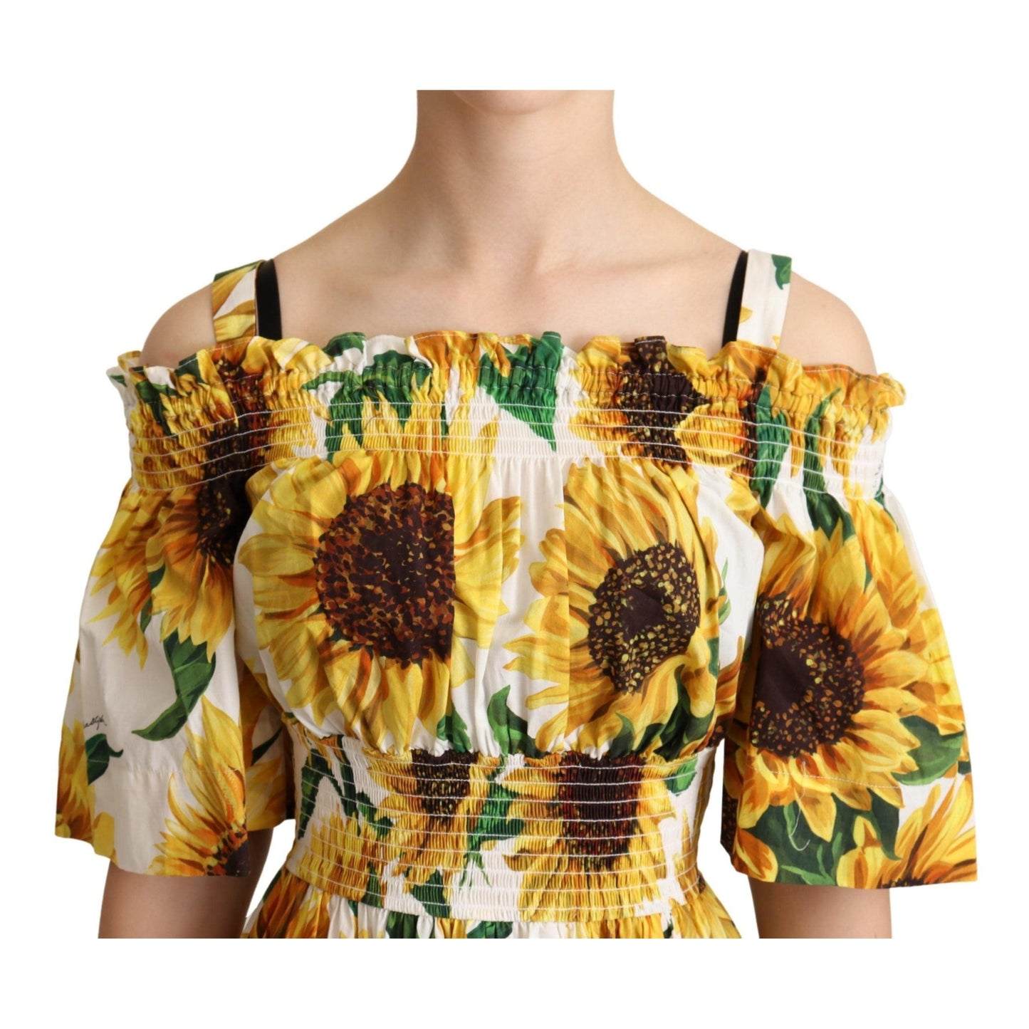Yellow Sunflowers Print Open Shoulder Dress