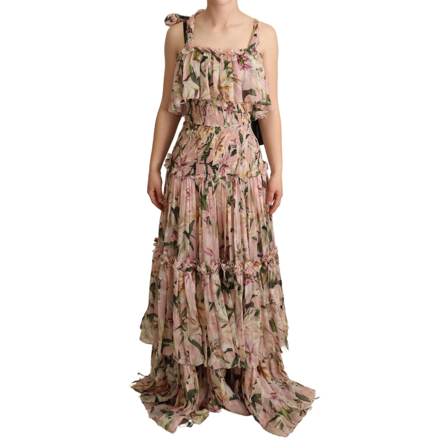 Pink Floral Print Silk Chiffon Tiered Dress