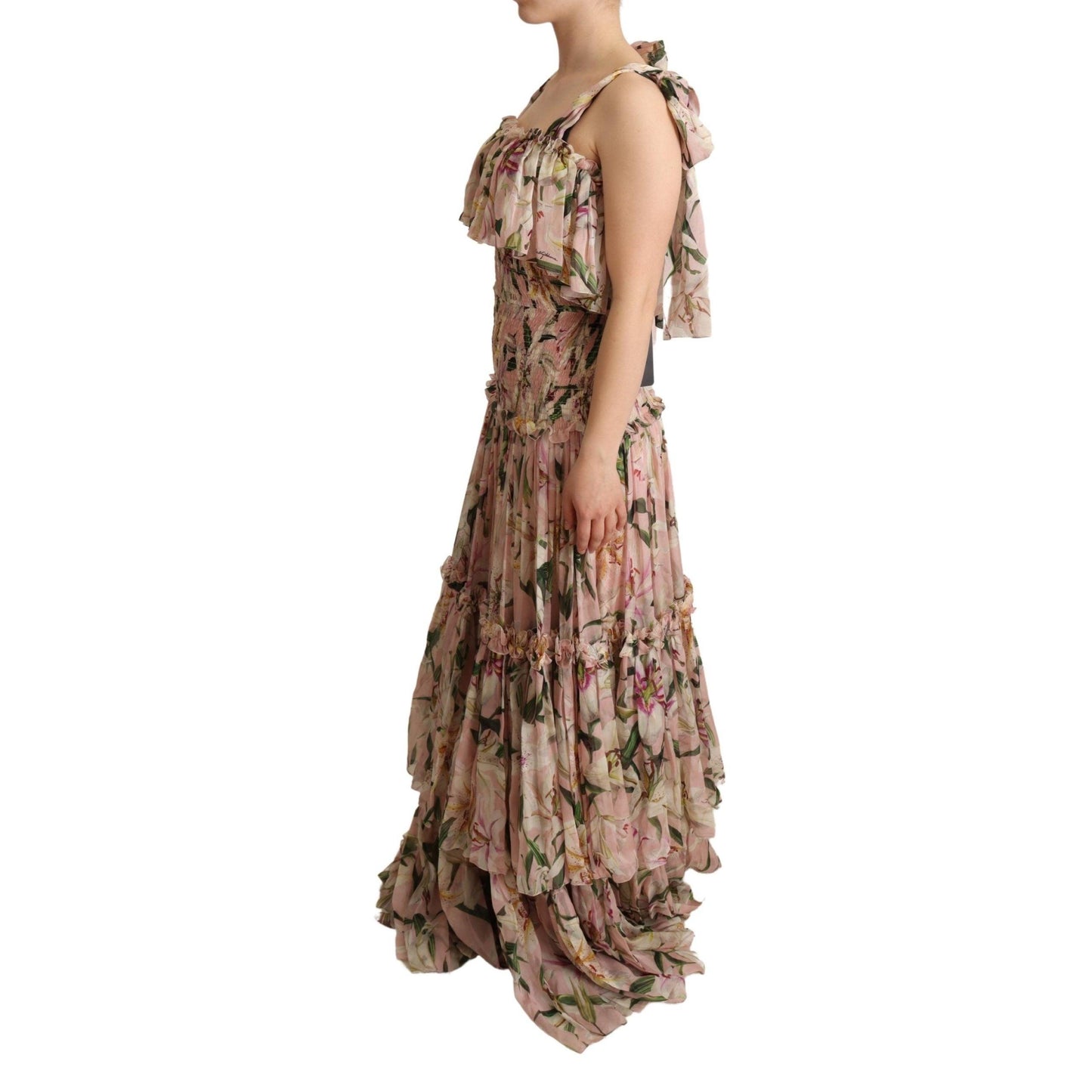 Pink Floral Print Silk Chiffon Tiered Dress