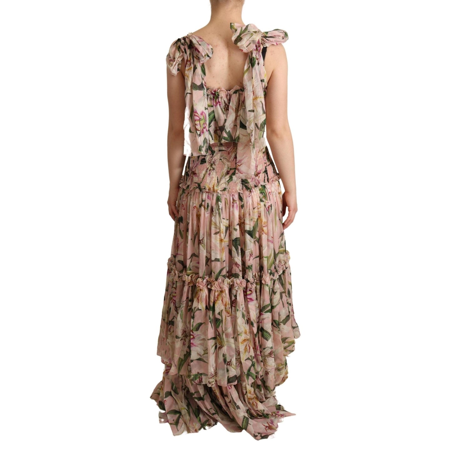 Pink Floral Print Silk Chiffon Tiered Dress