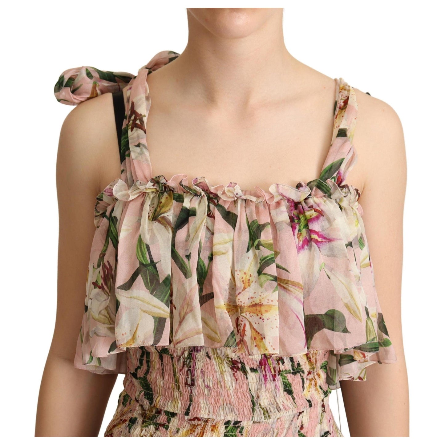 Pink Floral Print Silk Chiffon Tiered Dress