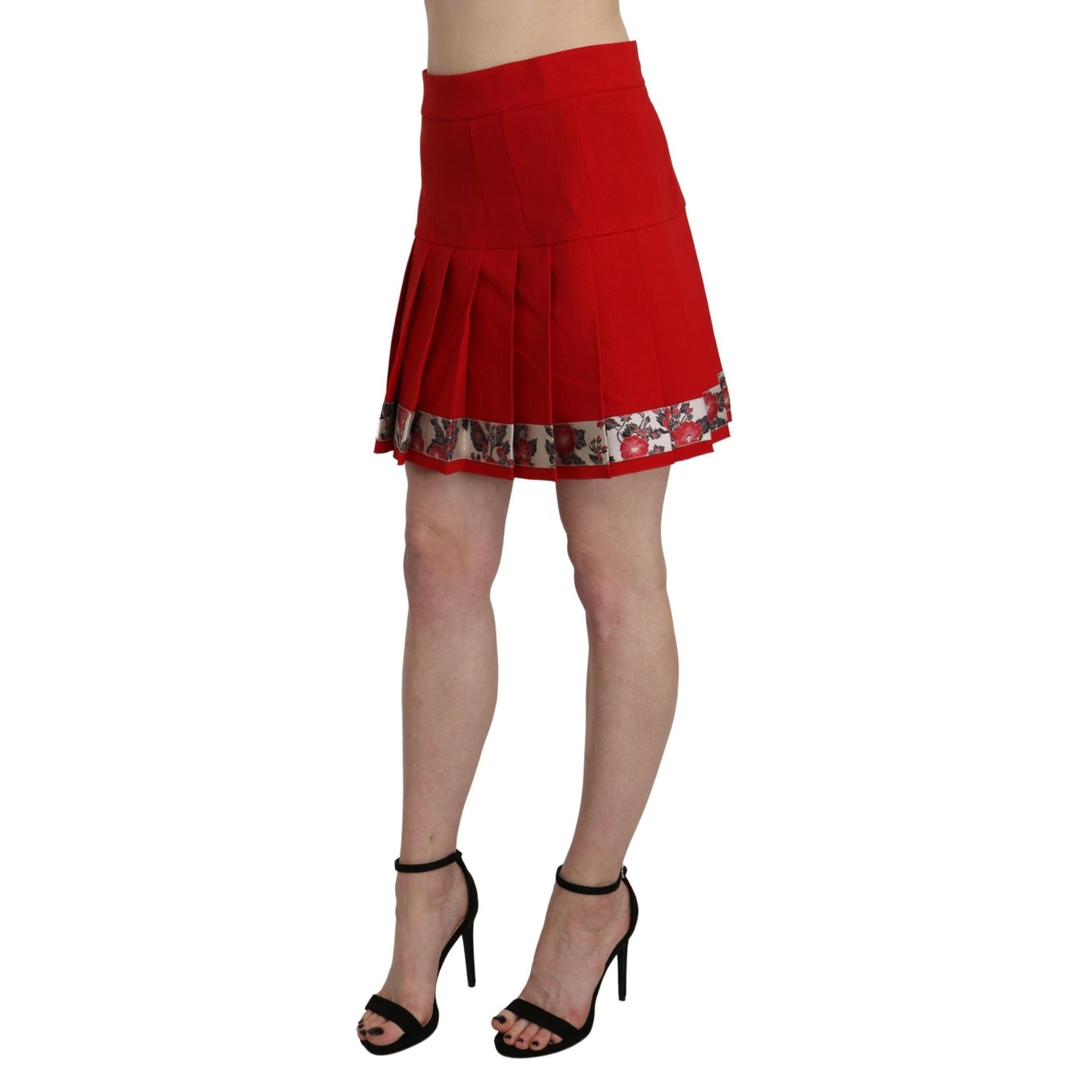 Red High Waist Wool Short Floral Print Skirt