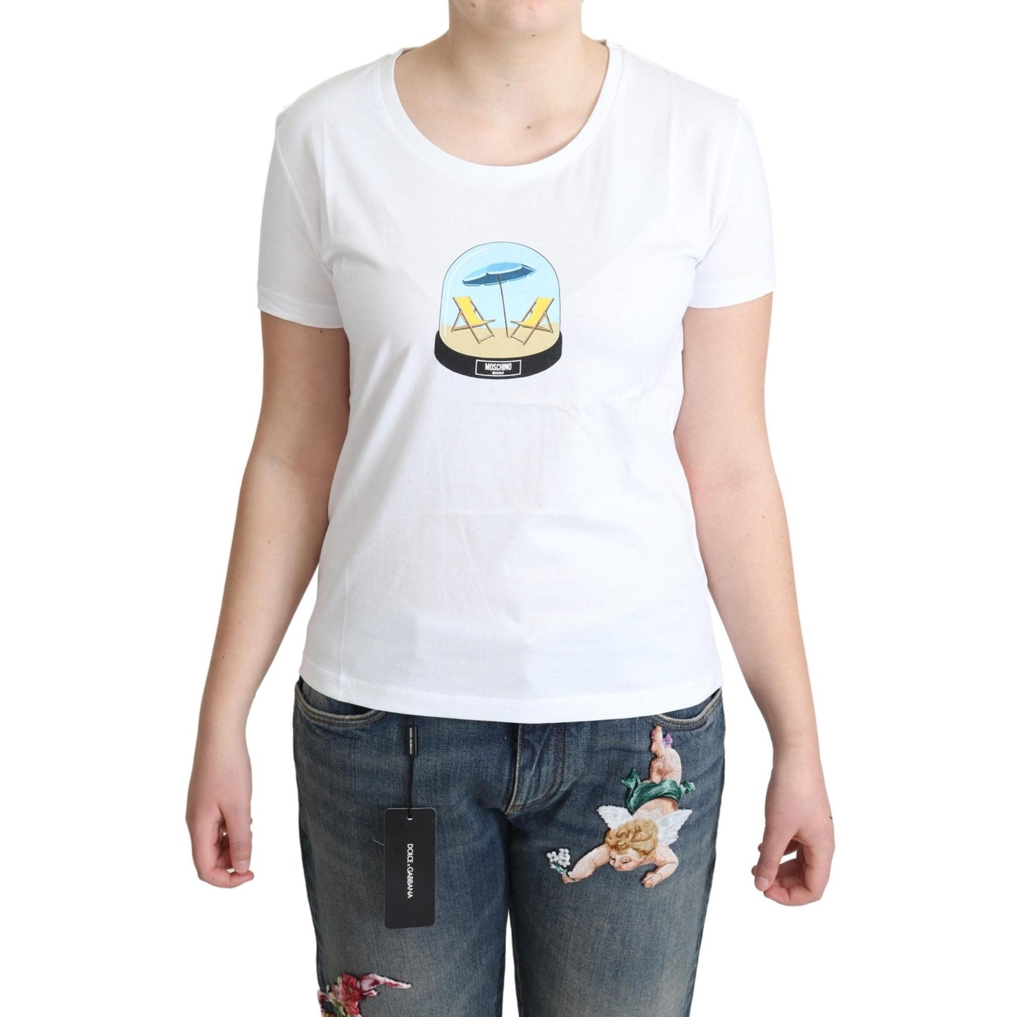White Printed Cotton Short Sleeves Tops T-shirt