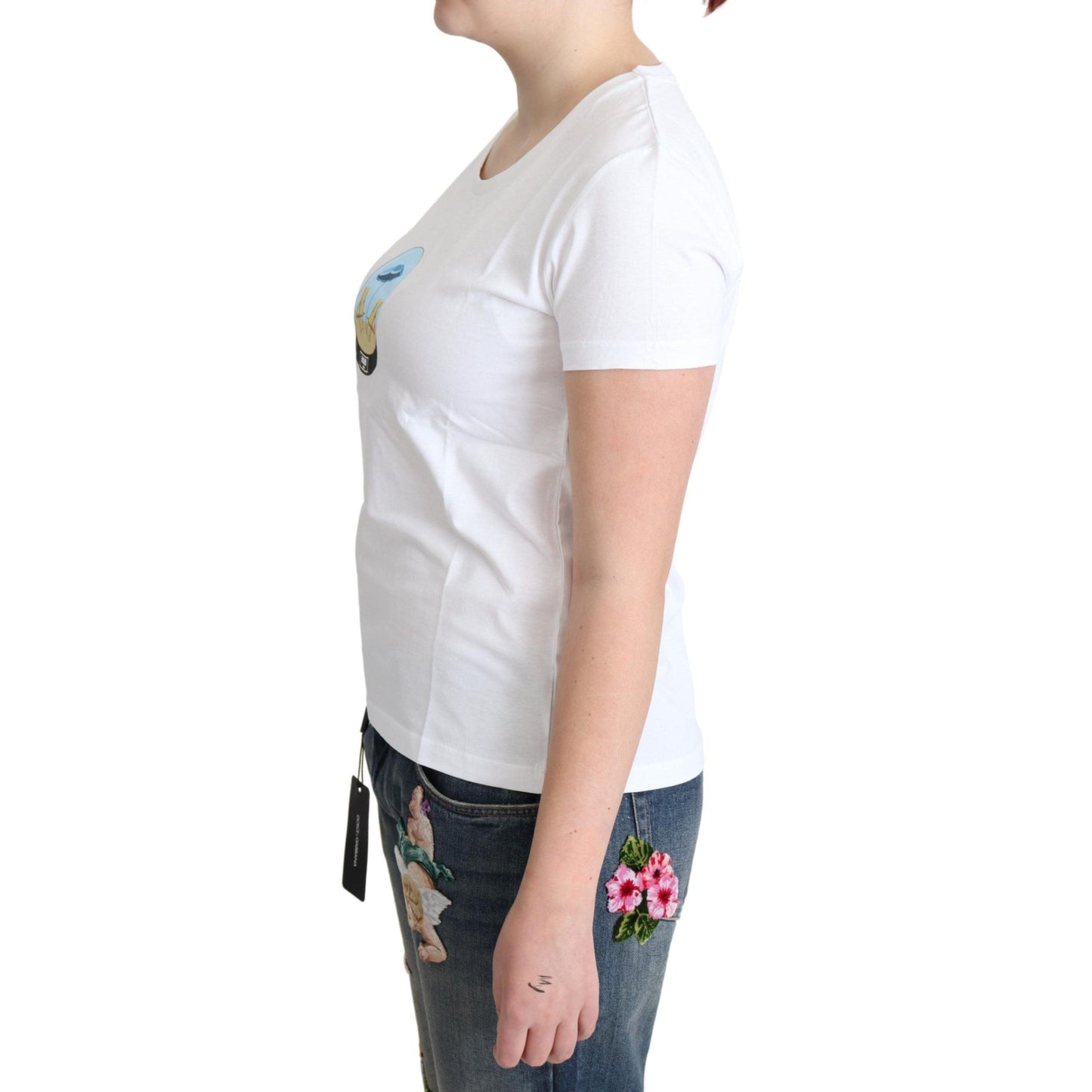 White Printed Cotton Short Sleeves Tops T-shirt