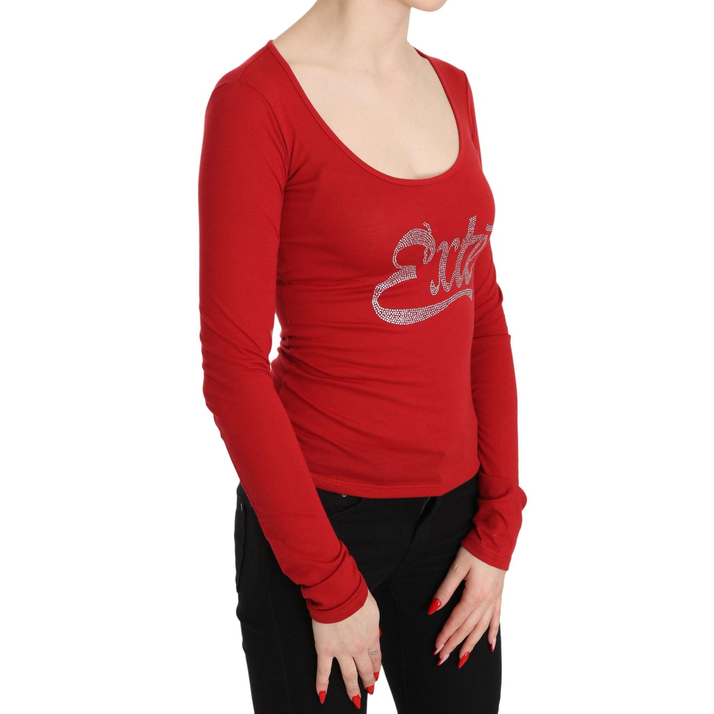 Red Exte Crystal Embellished Long Sleeve Top Blouse