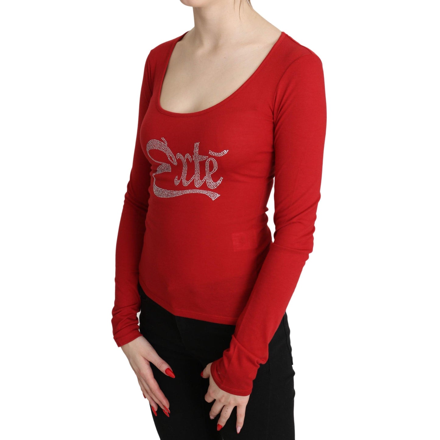 Red Exte Crystal Embellished Long Sleeve Top Blouse