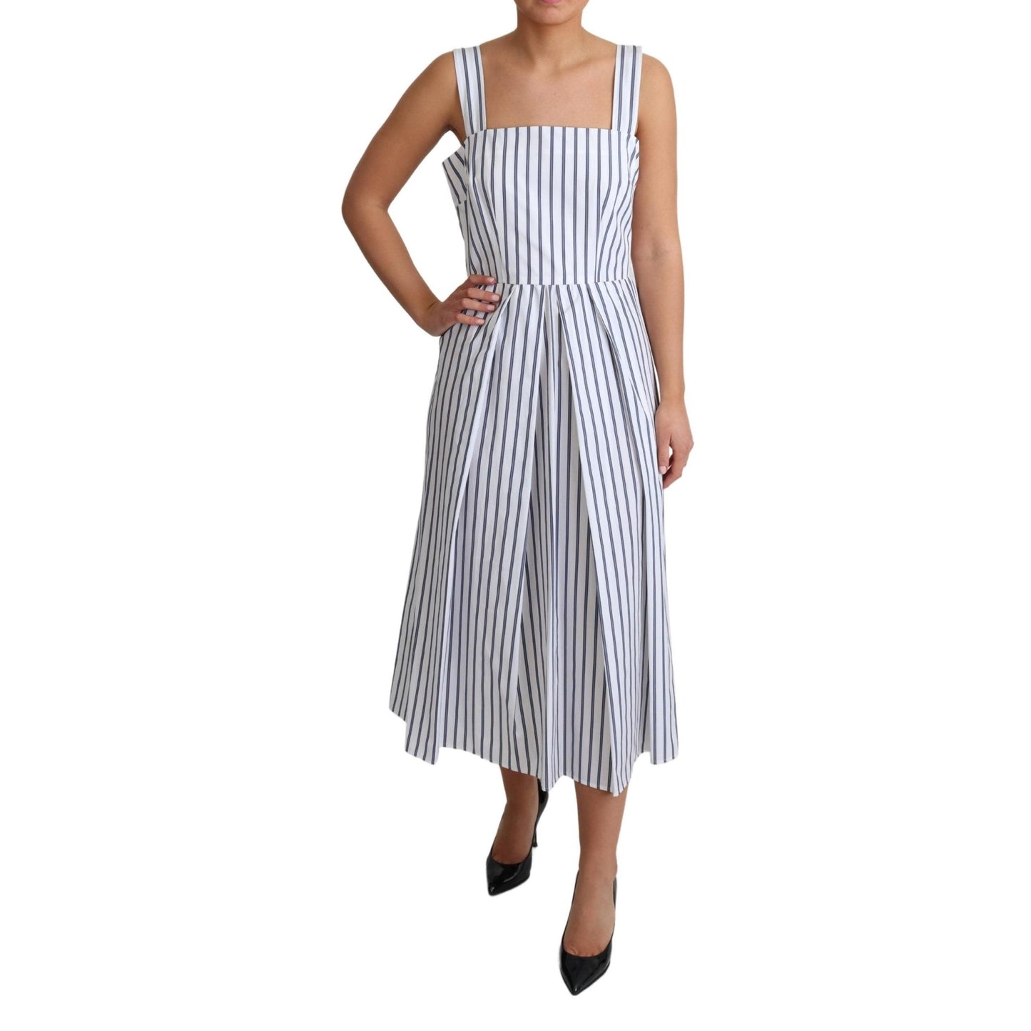 White Blue Striped Cotton A-Line Dress
