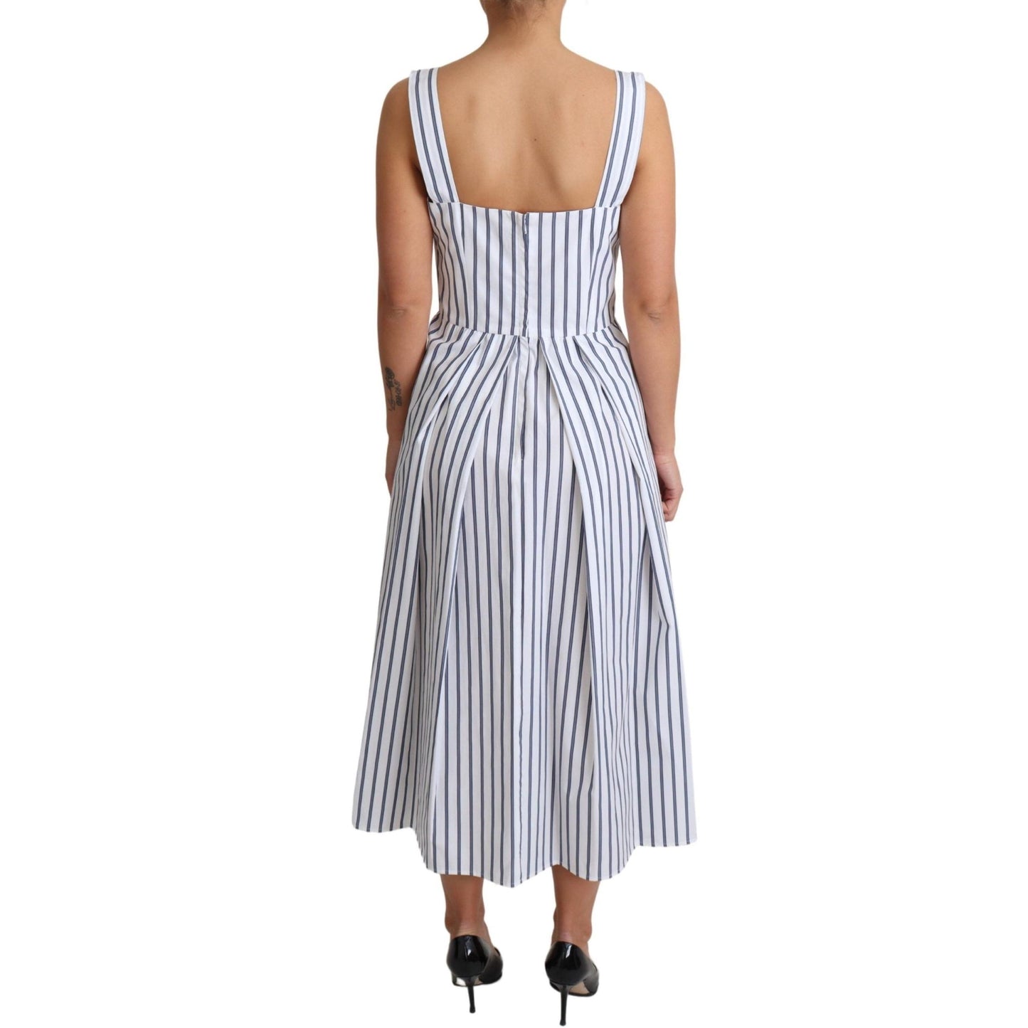 White Blue Striped Cotton A-Line Dress
