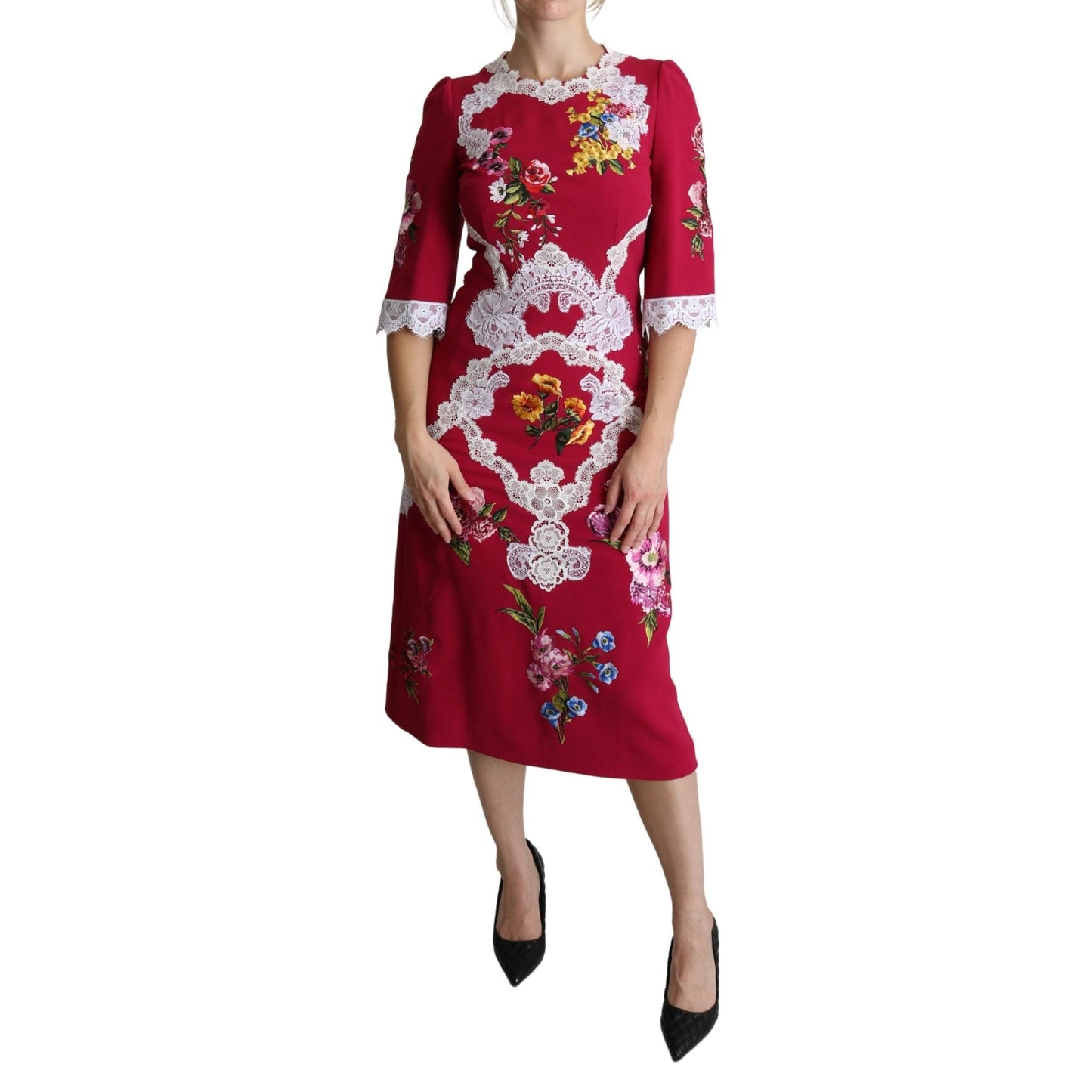 Red Floral Embroidered Sheath Midi Dress