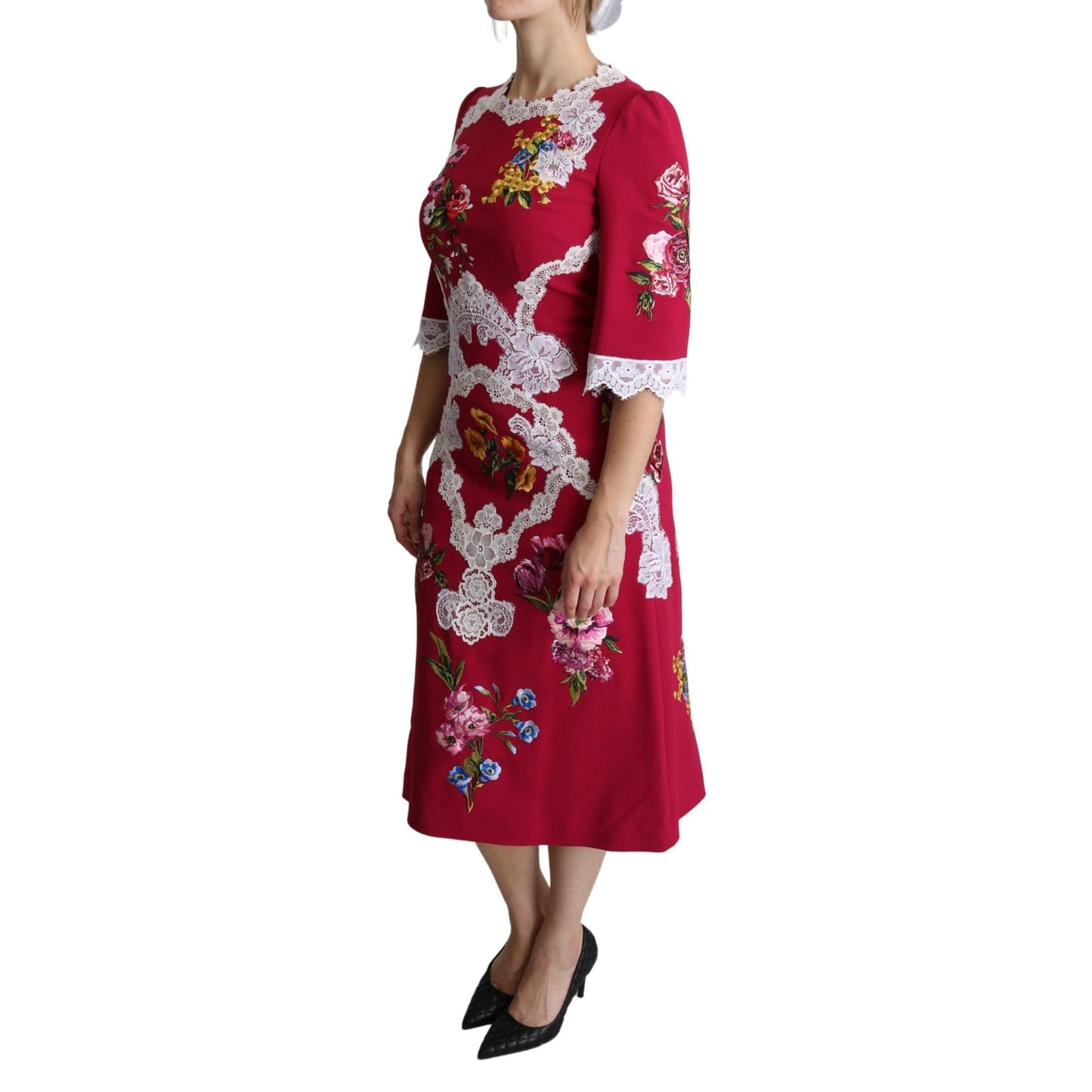Red Floral Embroidered Sheath Midi Dress