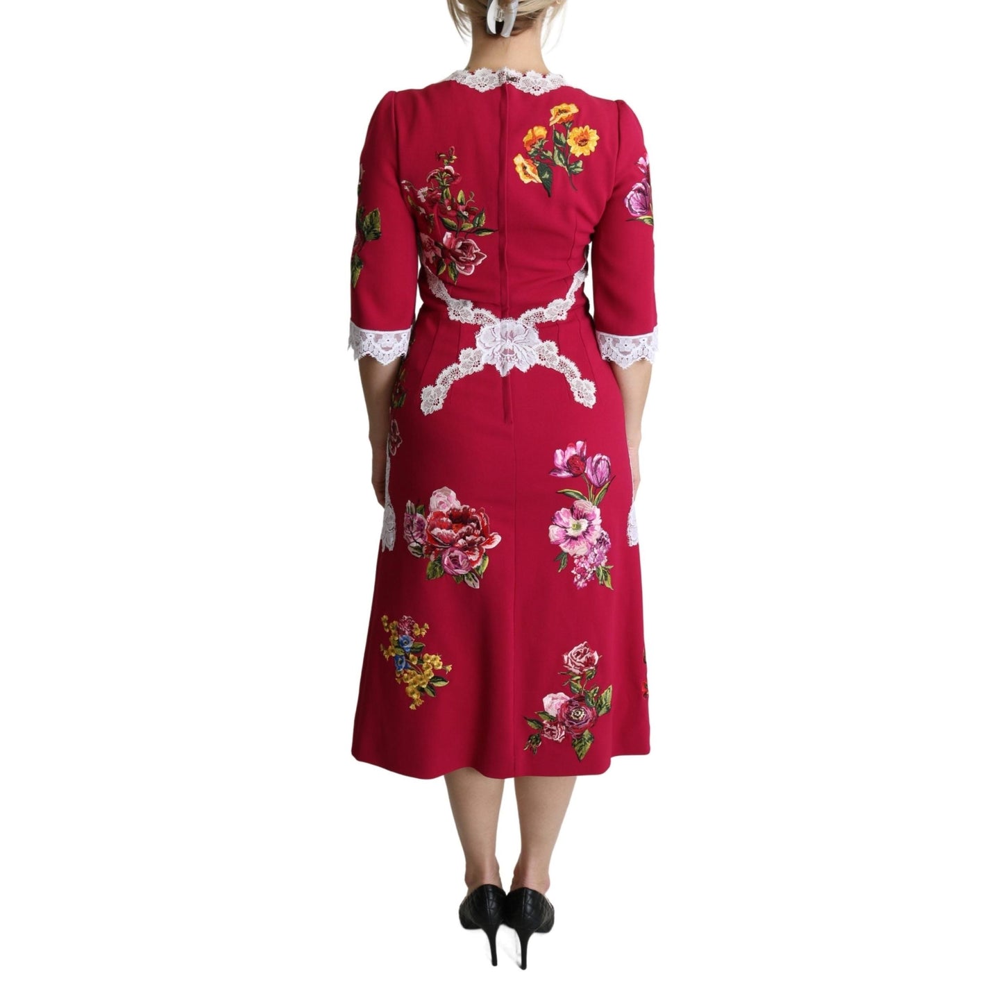 Red Floral Embroidered Sheath Midi Dress