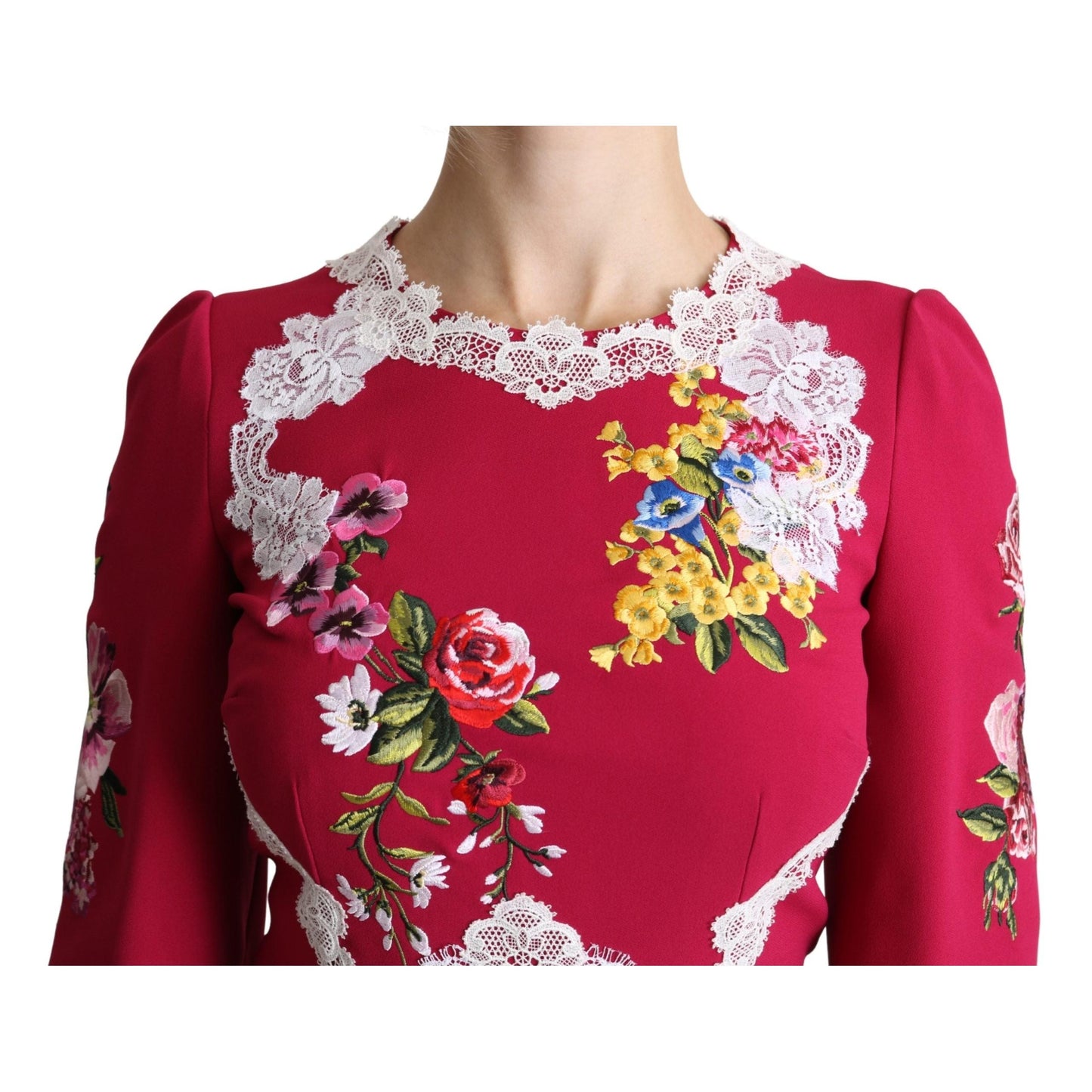 Red Floral Embroidered Sheath Midi Dress