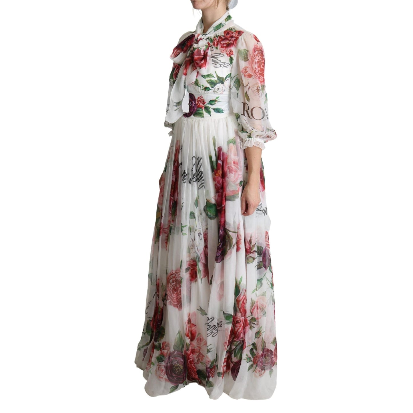 White Floral Rose Silk Print Floor Length Dress