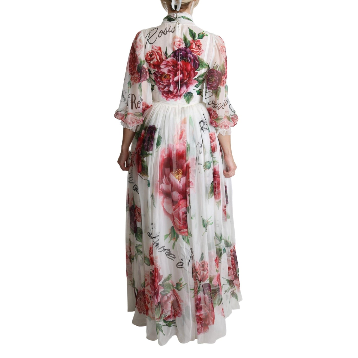 White Floral Rose Silk Print Floor Length Dress