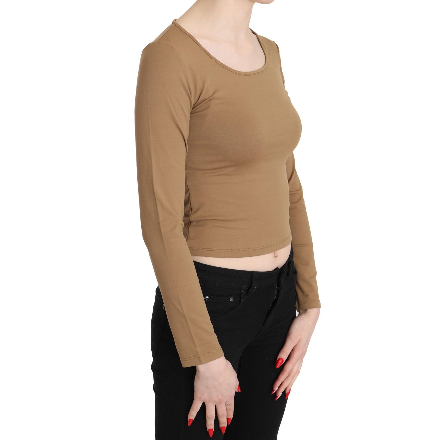 Brown Round Neck Long Sleeve Slim Crop Top Blouse