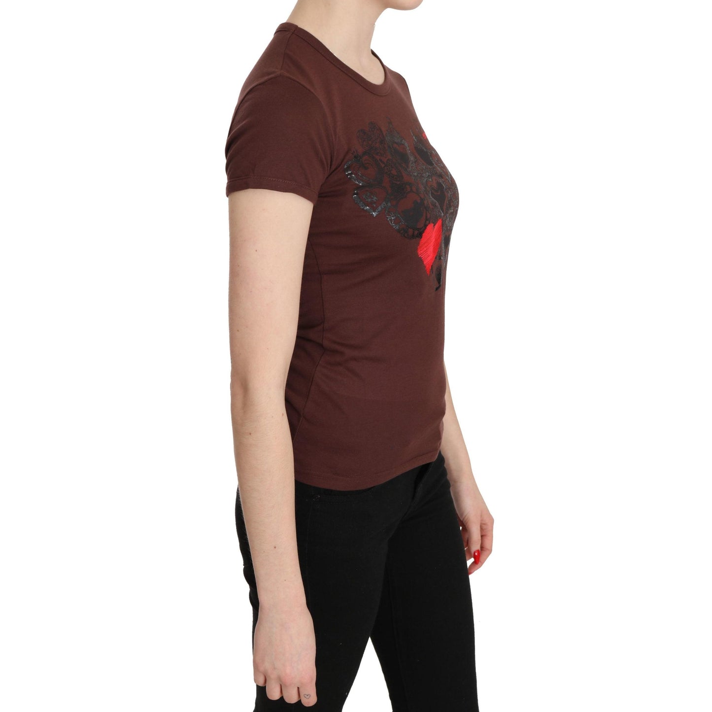 Brown Hearts Printed Round Neck T-shirt Top