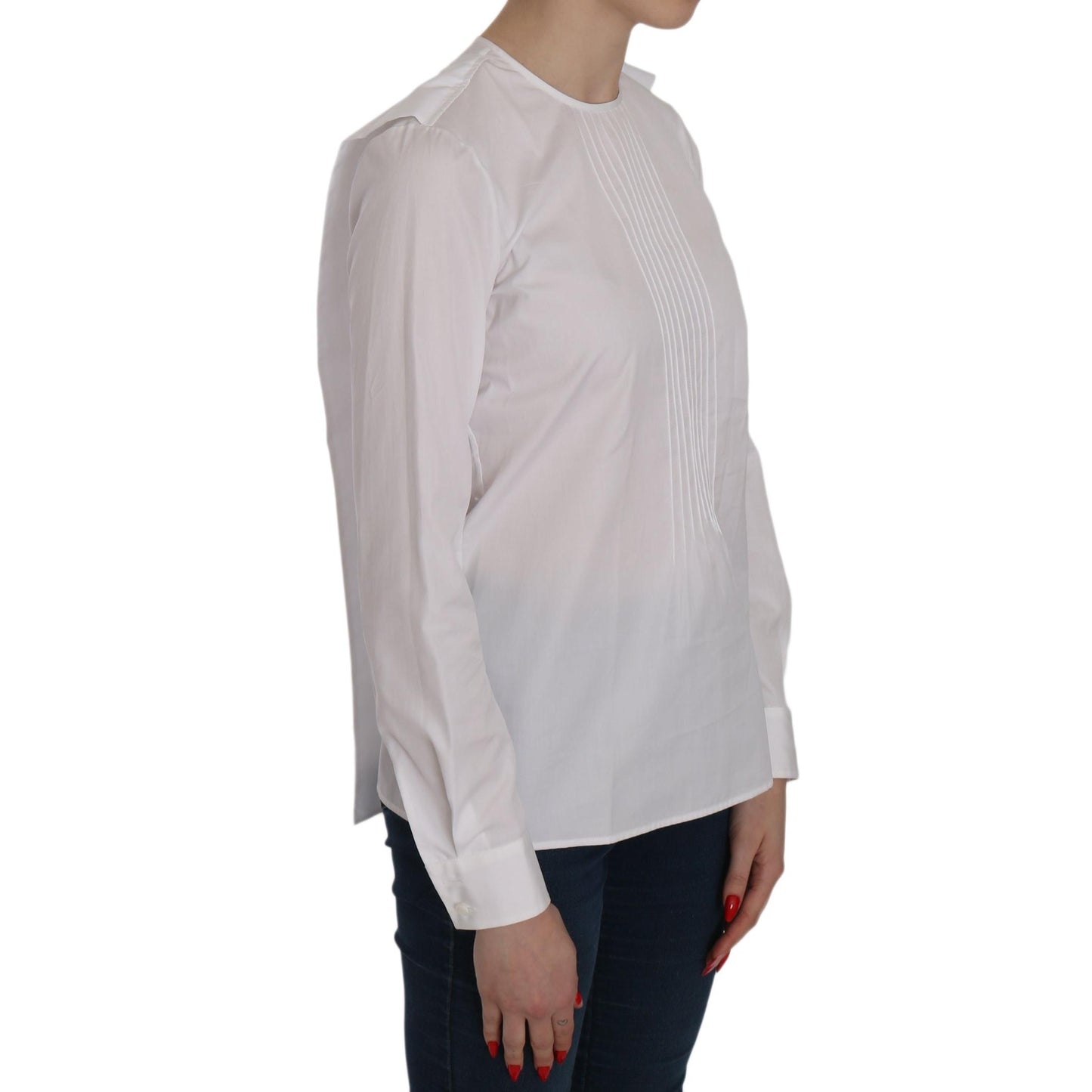 White Crew Neck Long Sleeve Cotton Blouse