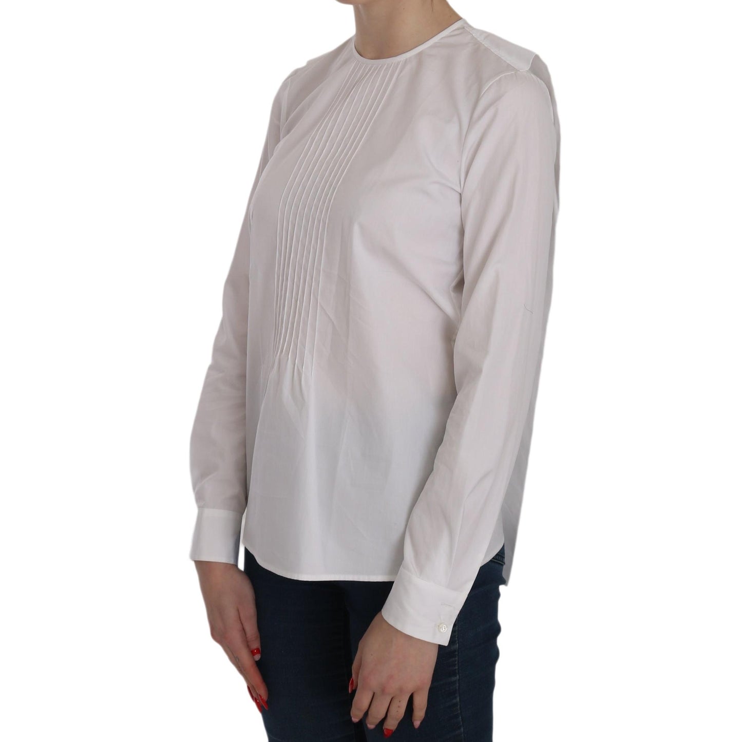 White Crew Neck Long Sleeve Cotton Blouse