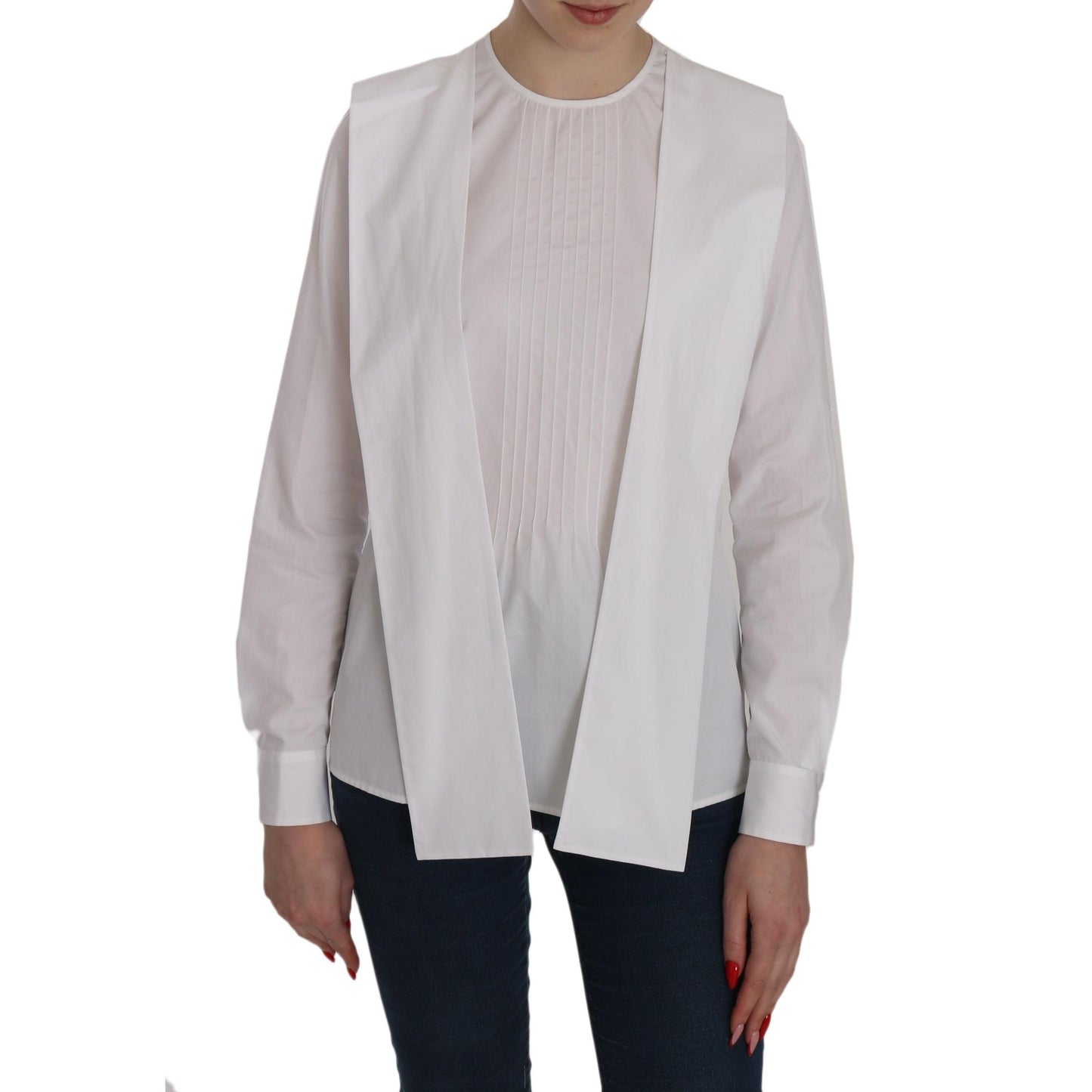 White Crew Neck Long Sleeve Cotton Blouse