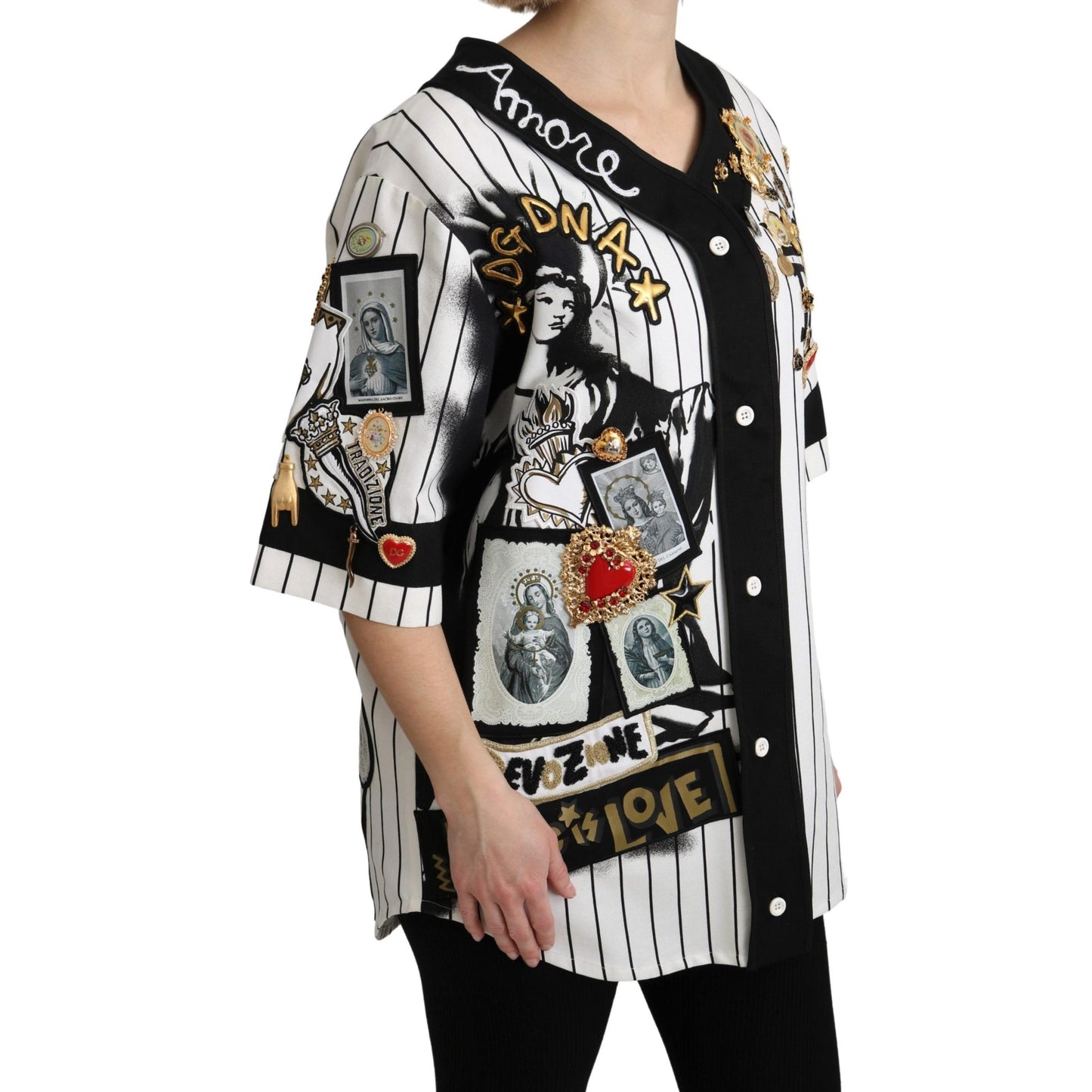 White and black Blouse Cotton Crystal Charms Amore Shirt