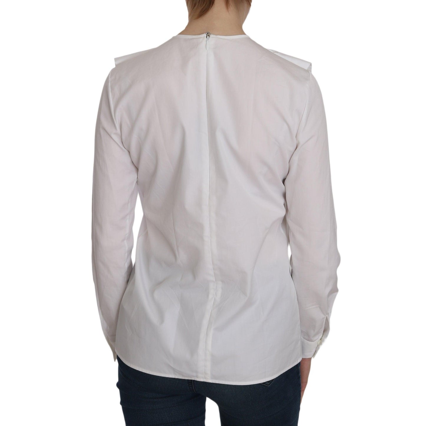 White Crew Neck Long Sleeve Cotton Blouse