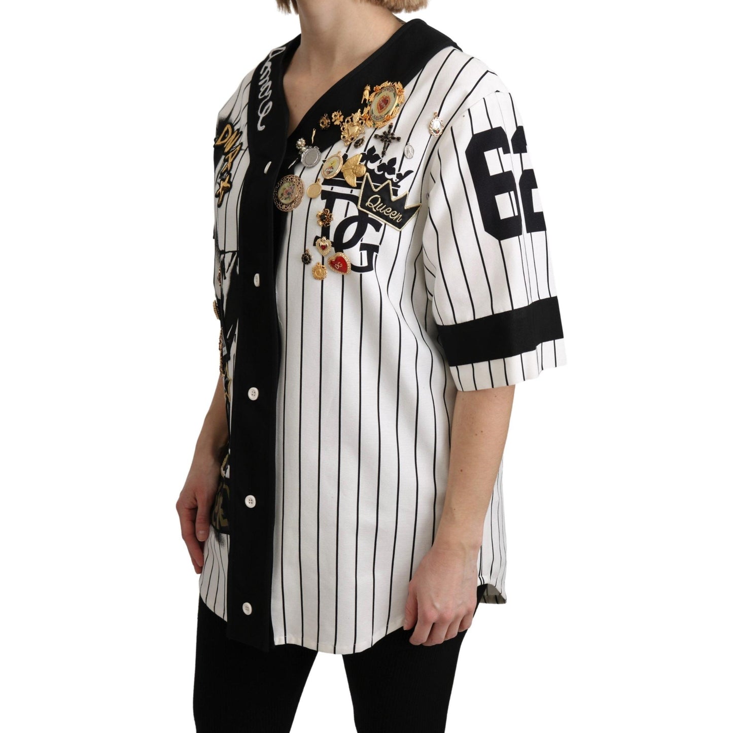 White and black Blouse Cotton Crystal Charms Amore Shirt