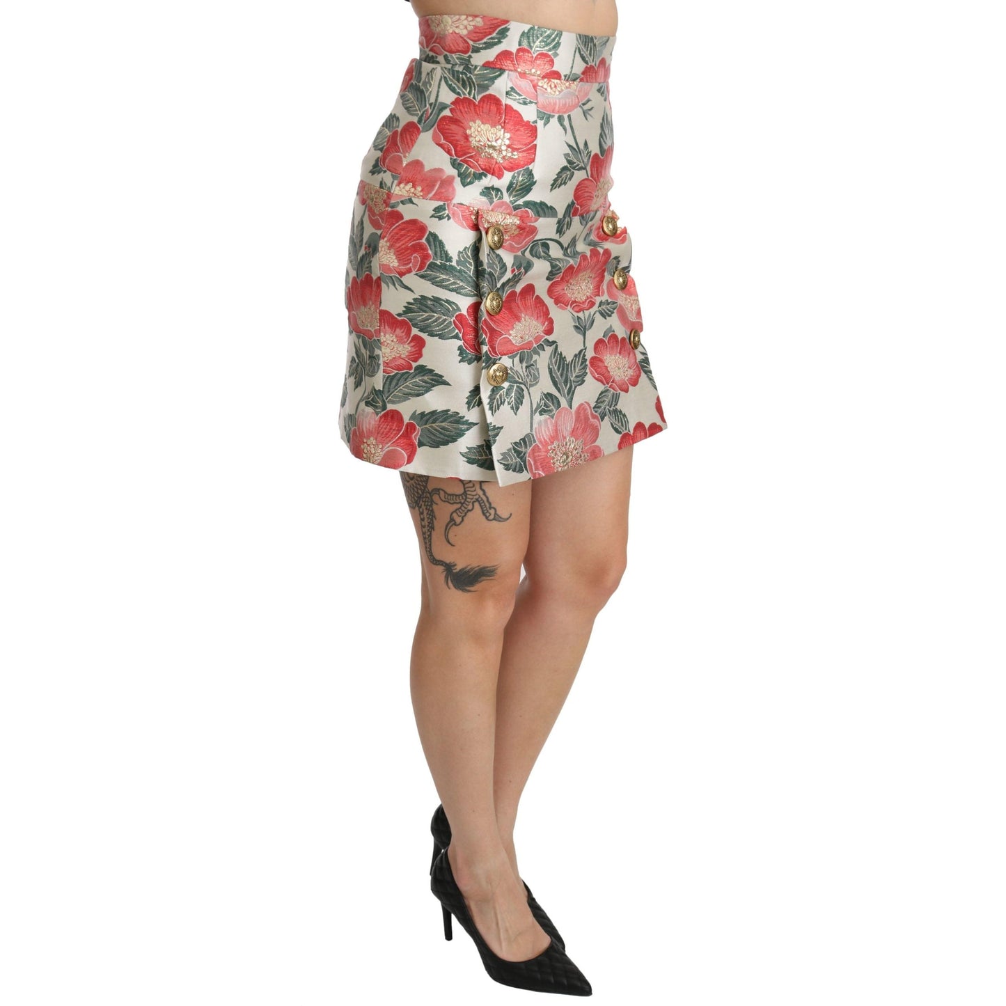 White Green Red Floral High Waist Mini Skirt