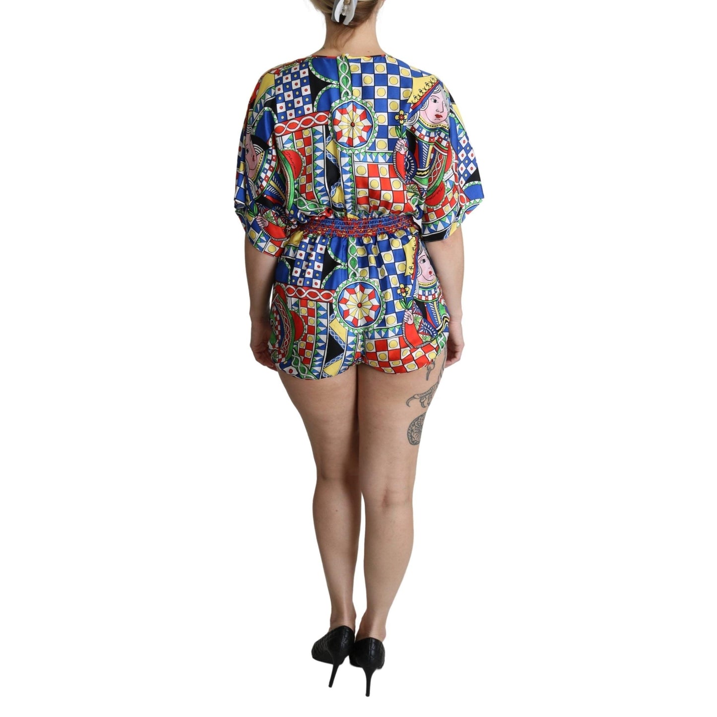 Multicolor Silk Card Deck Carretto Print Romper Jumpsuit