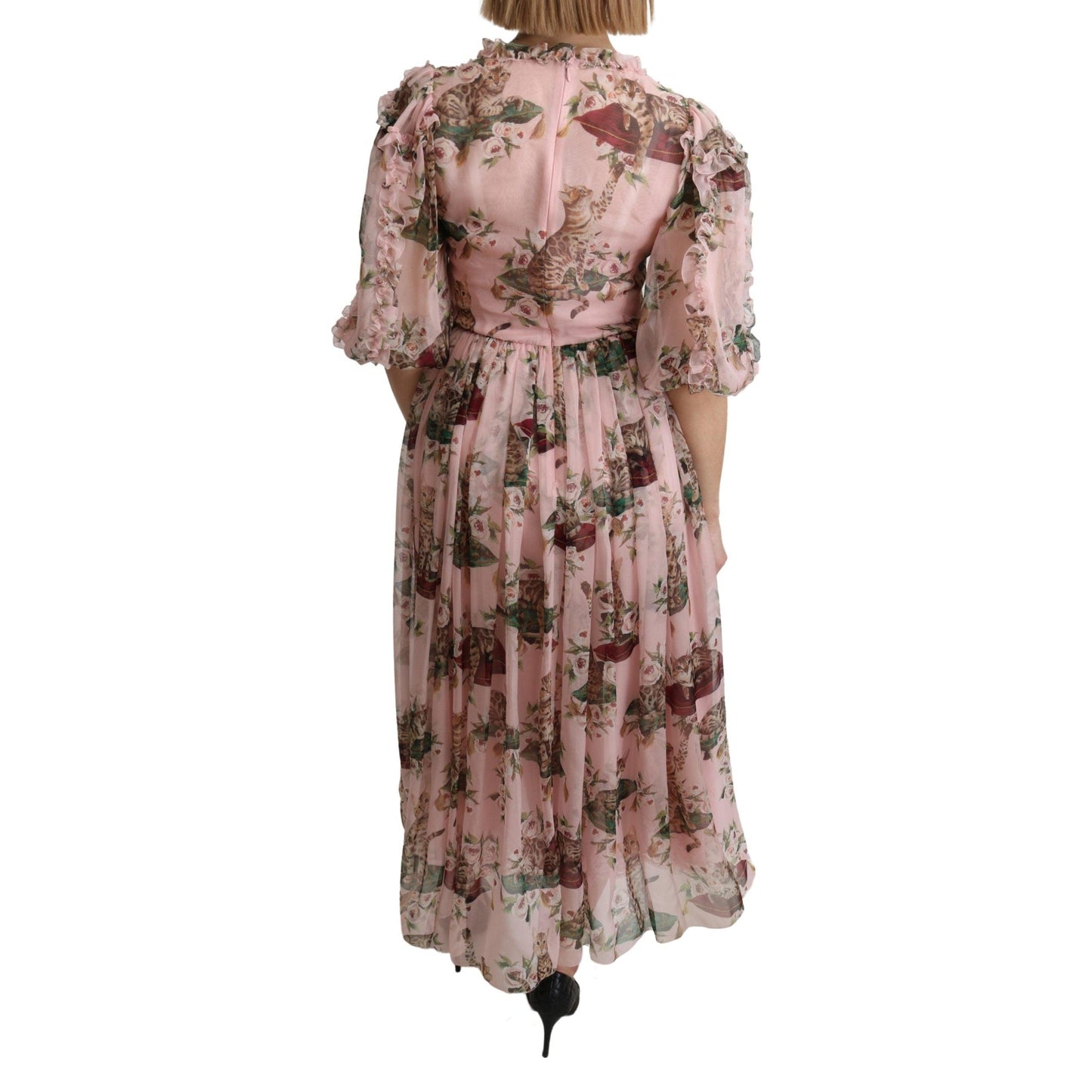 Pink Bengal Cat Print A-line Maxi Silk Dress