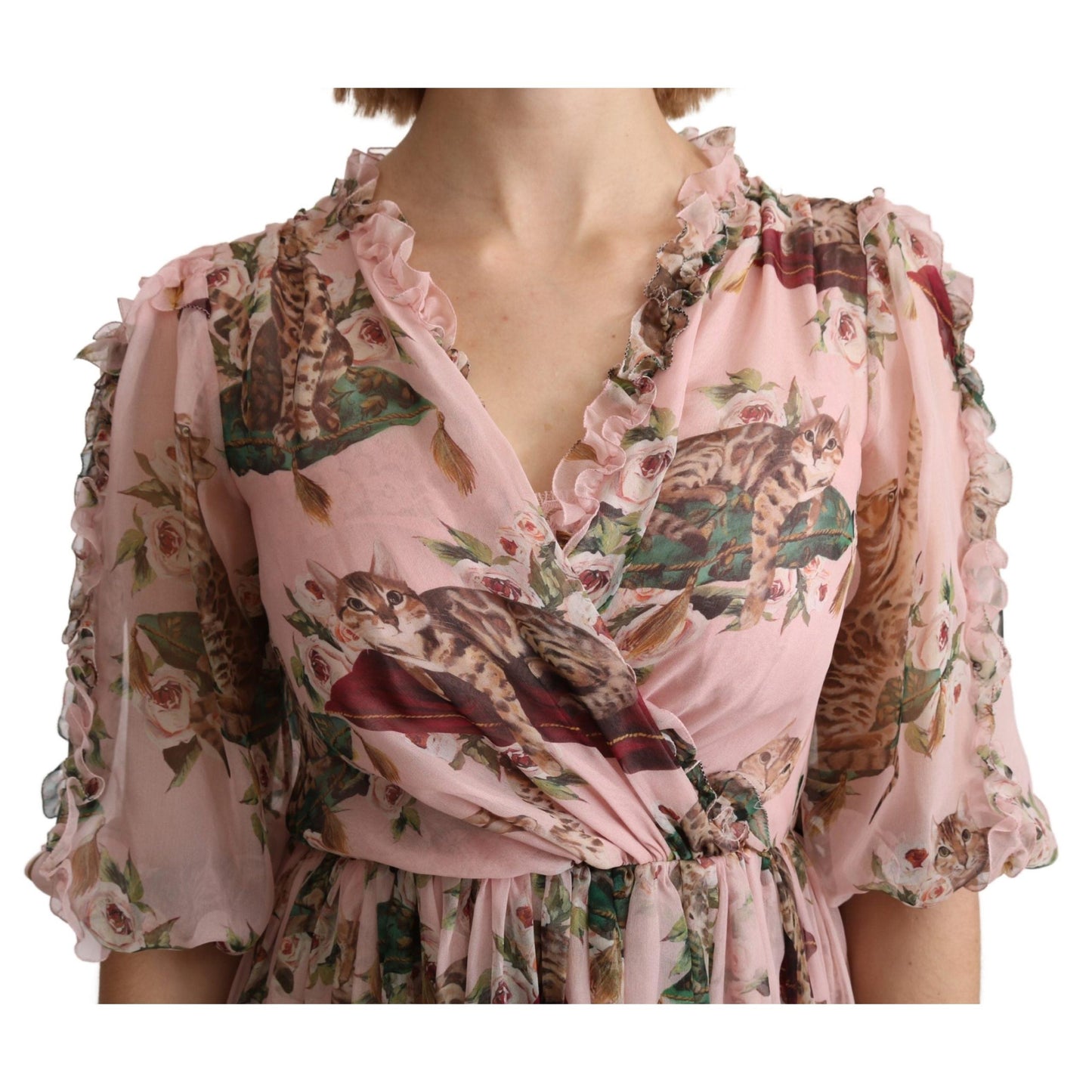 Pink Bengal Cat Print A-line Maxi Silk Dress
