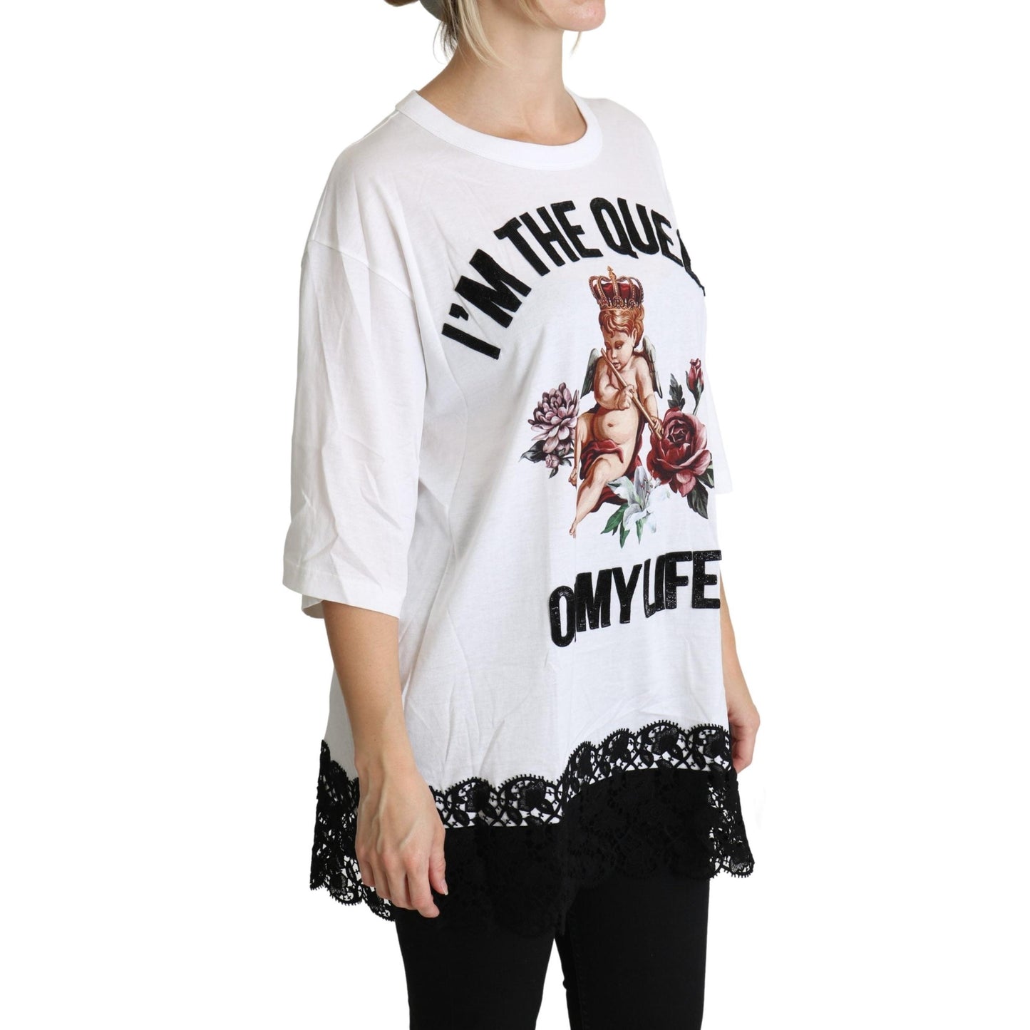 White Angel Print Cotton Round Neck Shirt Tops