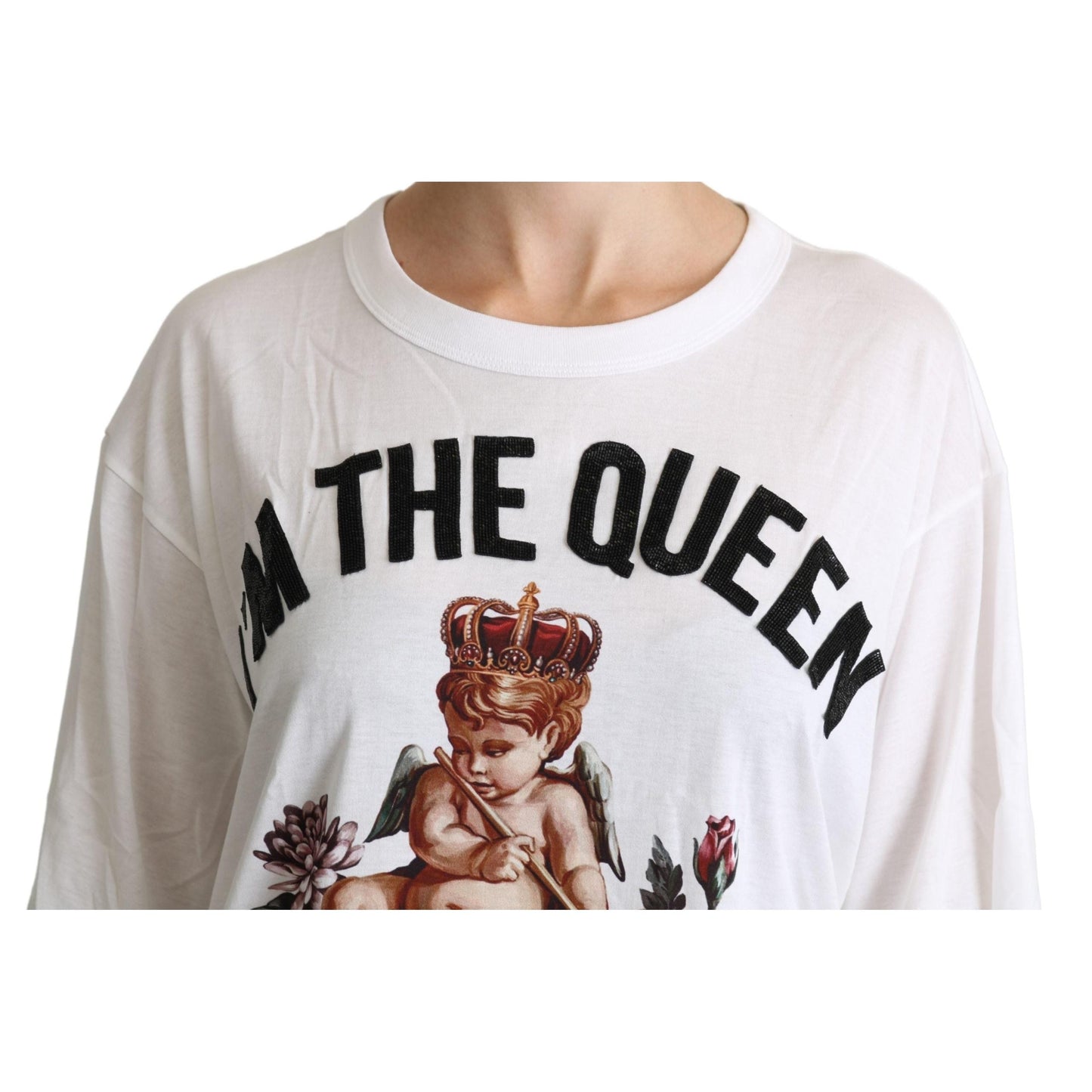White Angel Print Cotton Round Neck Shirt Tops