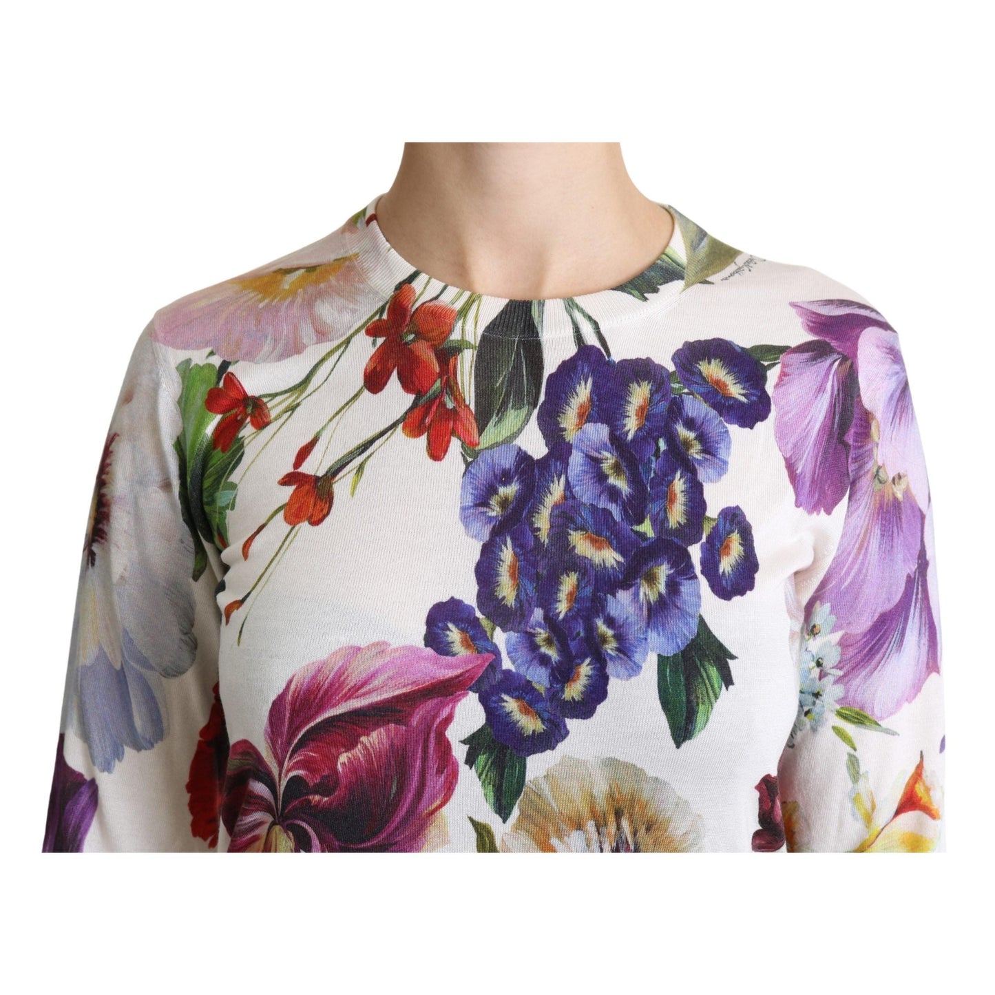 Floral Silk Crew Neck Pullover Sweater