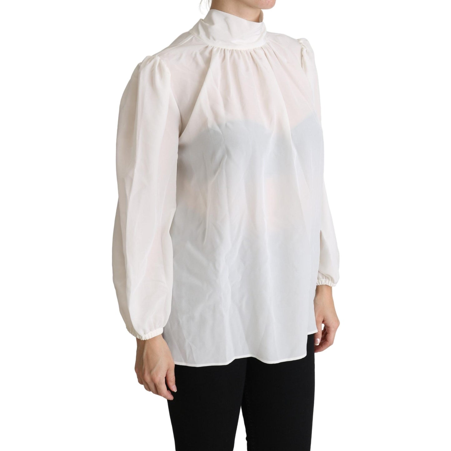 White Silk Pussy Bow Long Sleeved Top Blouse