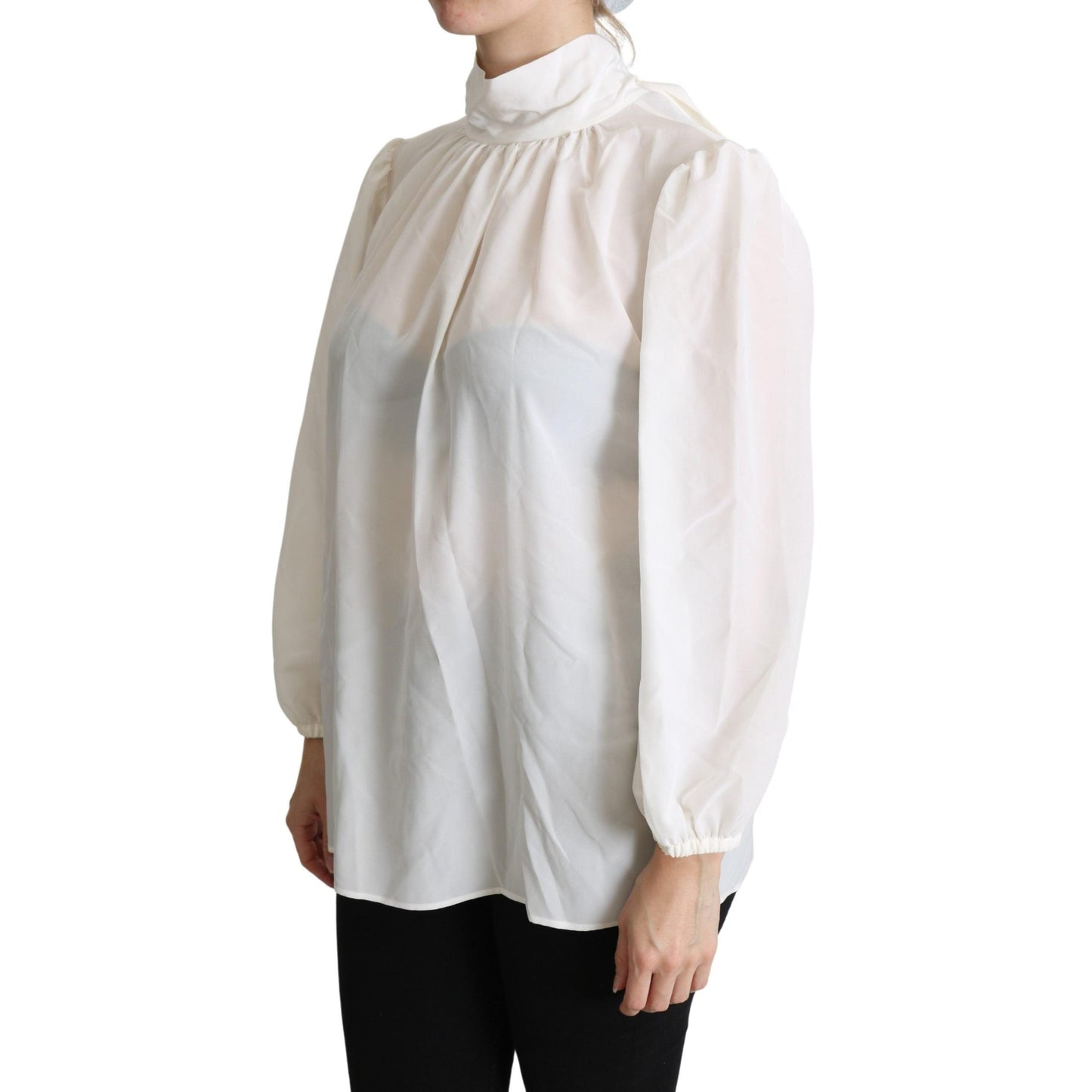 White Silk Pussy Bow Long Sleeved Top Blouse