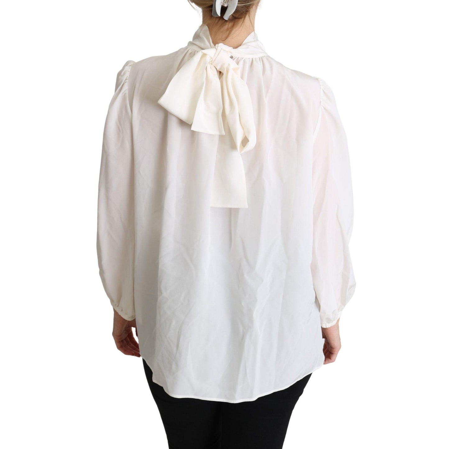 White Silk Pussy Bow Long Sleeved Top Blouse