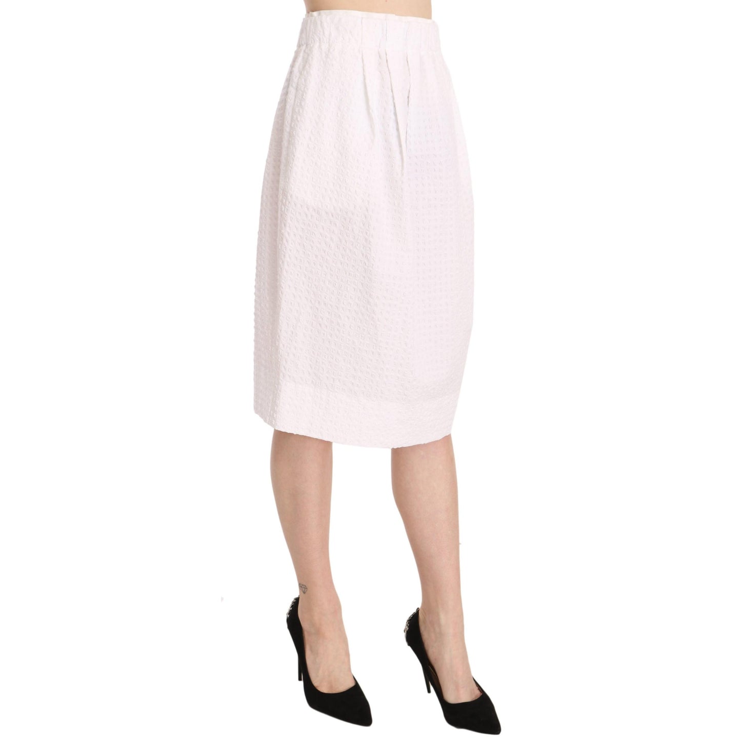 White Jacquard Plain Weave Stretch Midi Skirt