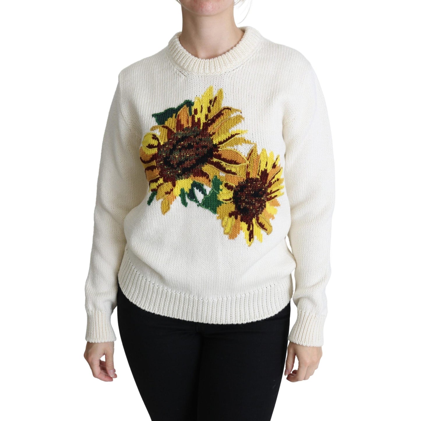 White Floral Wool Pullover Sunflower Sweater