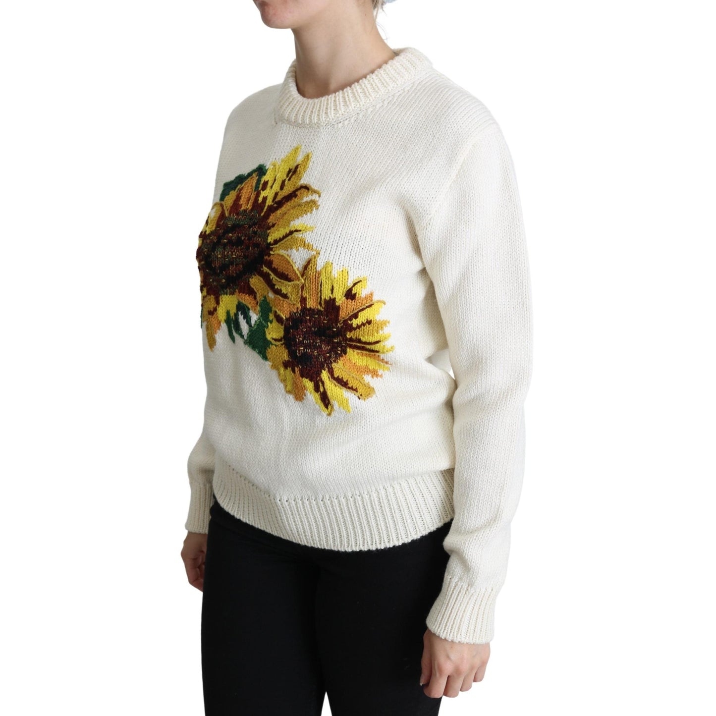 White Floral Wool Pullover Sunflower Sweater