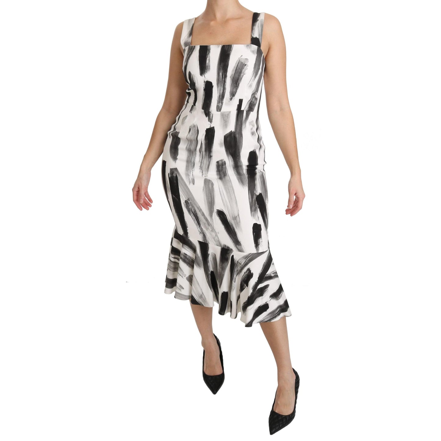 White Black Printed Sheath Midi Viscose Dress