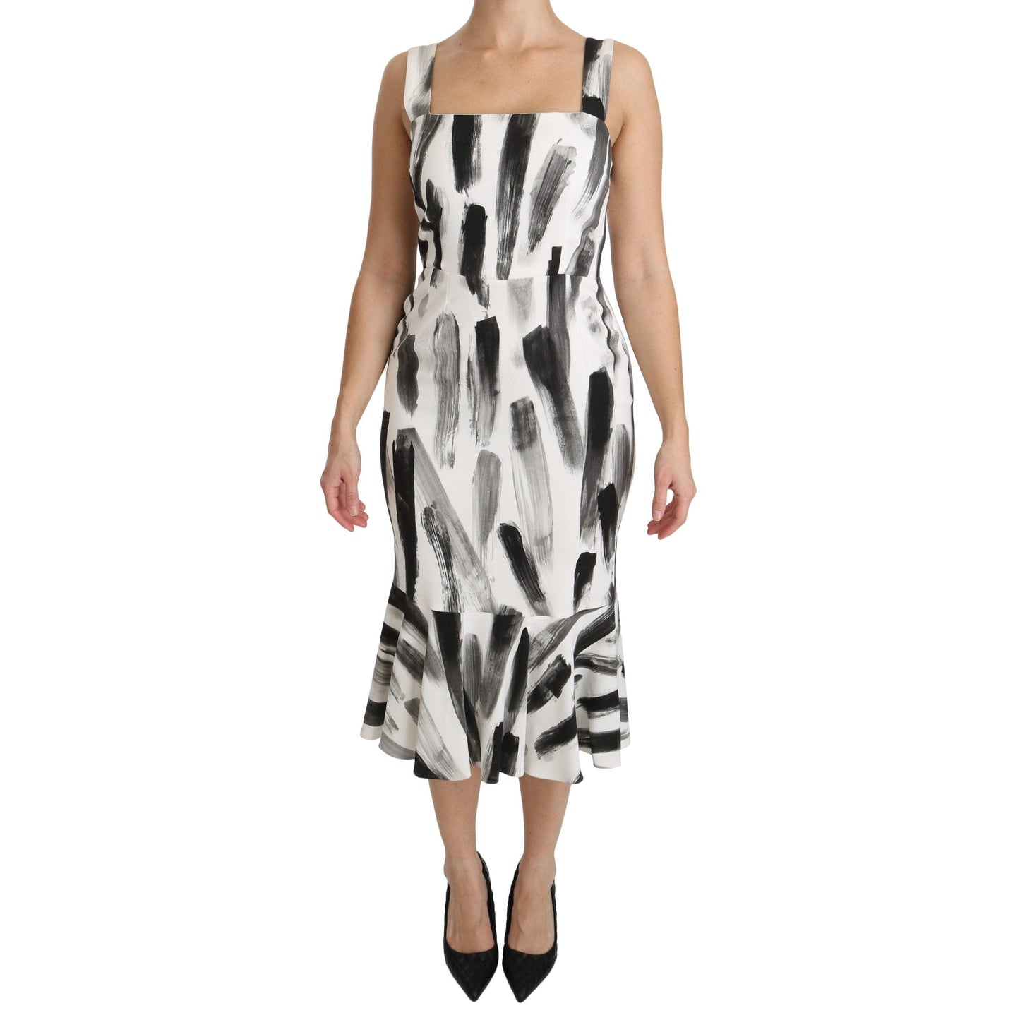 White Black Printed Sheath Midi Viscose Dress